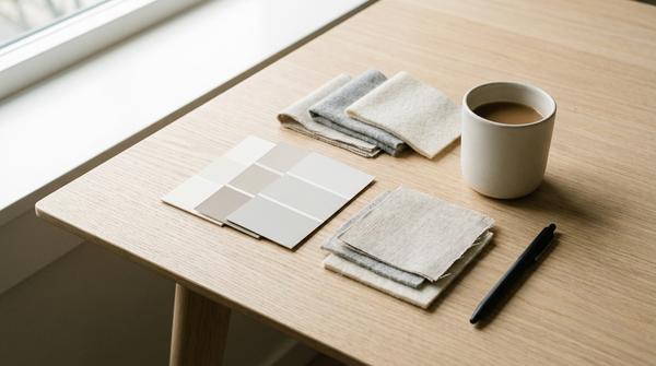 Neutrale Farbmuster und Stoffproben auf hellem Holztisch für eine ruhige Scandi-Einrichtung.