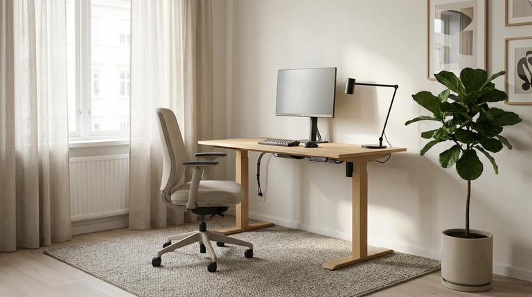 Helles skandinavisches Homeoffice mit hellem Holztisch, neutralem Stuhl, Tageslicht am Fenster und dezenter Deko.