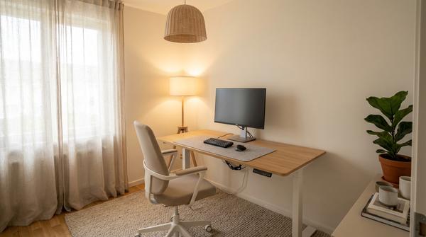 Schreibtisch am Fenster mit Tageslicht, eingeschalteter Schreibtischlampe und zusätzlicher Stehlampe für weiches Licht.