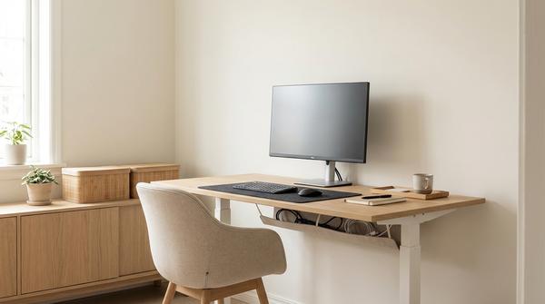 Aufgeräumter Scandi-Schreibtisch mit Boxen, Ablage-Tablett und sauber geführten Kabeln.