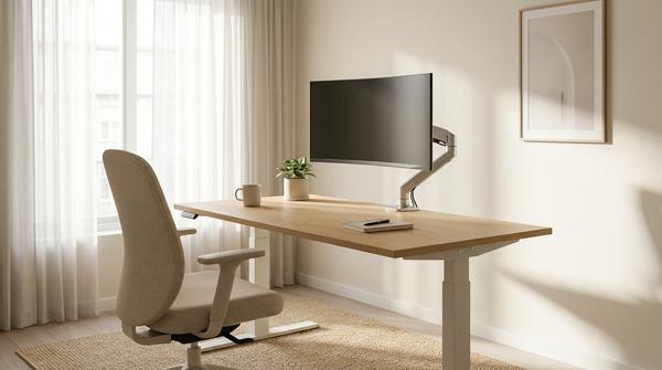 Skandinavischer Arbeitsplatz mit hellem Schreibtisch, ergonomischem Stuhl und Monitorarm auf Augenhöhe.