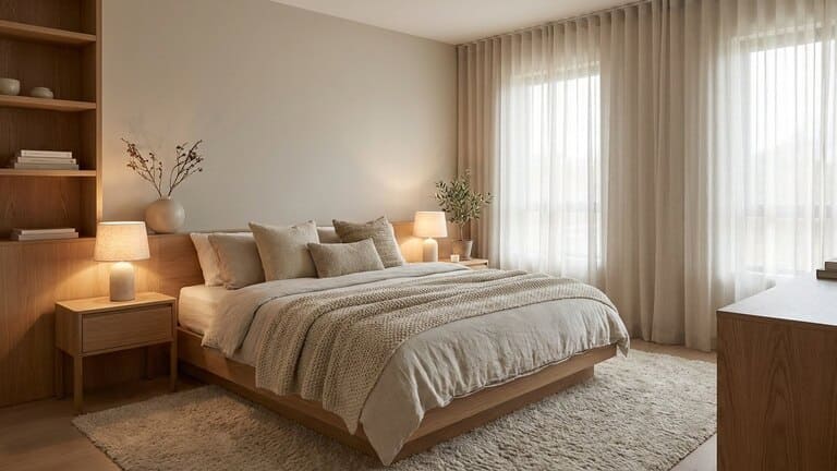 Ruhiges, gemütliches Schlafzimmer mit neutralen Farben, warmem Licht und natürlichen Materialien.