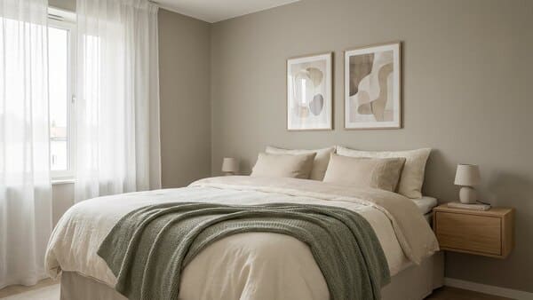 Schlafzimmer in Beige und Greige mit sanften Akzentfarben wie Salbeigrün oder Staubblau.