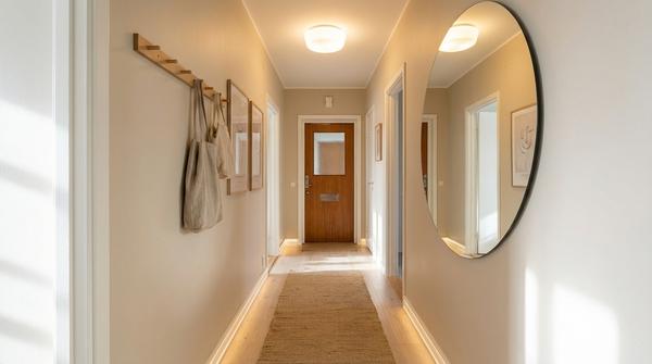 Schmaler Flur mit großem Wandspiegel und warmem Licht für eine hellere Raumwirkung.
