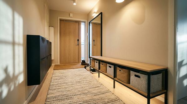 Schmaler Flur mit Schuhkipper und schmaler Sitzbank mit Stauraum, ordentlich und gemütlich.