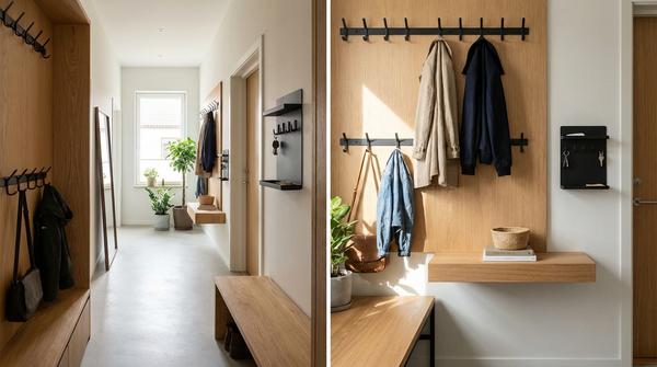 Schmaler Eingangsbereich mit Wandhaken, schwebender Ablage und freiem Boden für mehr Ordnung.