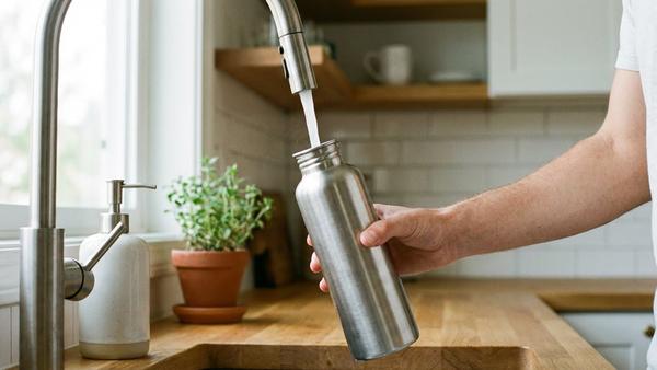 Hand füllt eine wiederverwendbare Trinkflasche am Wasserhahn in einer hellen Küche.