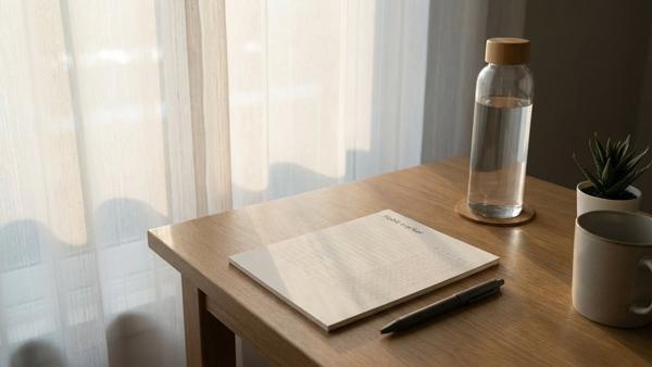 Schlichter Schreibtisch mit Notizblatt als Gewohnheits-Tracker, Stift und wiederverwendbarer Trinkflasche.