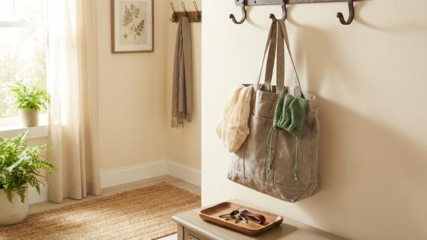 Stofftasche hängt an einem Haken, daneben liegen wiederverwendbare Obstnetze griffbereit.