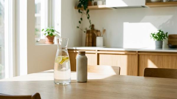Wasserkaraffe mit Zitronenscheiben und wiederverwendbare Trinkflasche auf einem hellen Tisch.