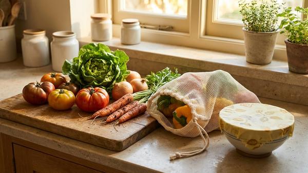 Loses Gemüse neben einem wiederverwendbaren Beutel und einer Abdeckung aus Wachstuch in der Küche.
