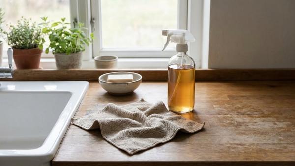 Wiederverwendbares Putztuch und nachfüllbare Sprühflasche auf einer sauberen Oberfläche.