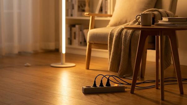 Steckdosenleiste mit Schalter im Wohnzimmer, im Hintergrund eine Lampe mit warmem Licht.