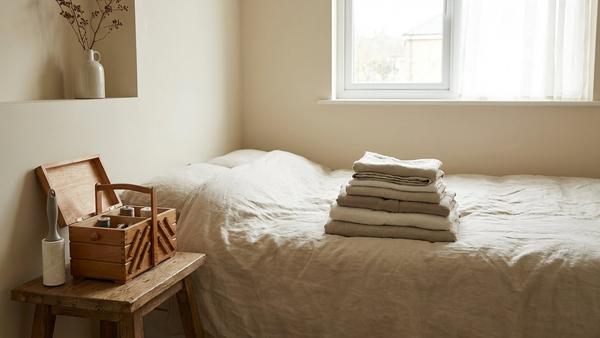 Gefaltete Kleidung neben einem kleinen Nähset und einem Fusselrasierer in einem ruhigen Raum.