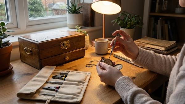 Hände reparieren einen kleinen Gegenstand mit Werkzeug auf einem aufgeräumten Tisch.