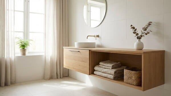 Skandinavisches Badezimmer mit weißen Wänden, hellen Holzdetails, Leinen-Textilien und dezenter Deko