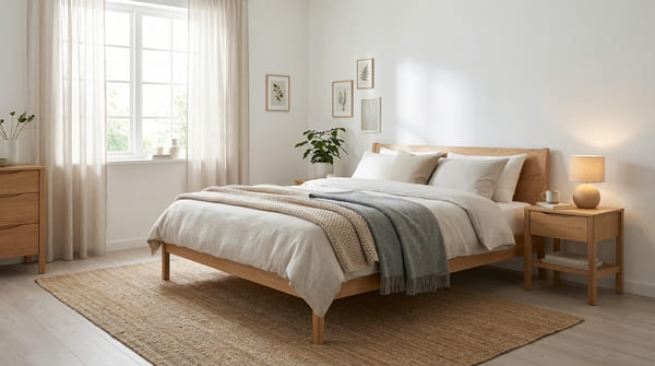 Helles skandinavisches Schlafzimmer mit Weiß, Holz, schlichten Möbeln und warmen Akzenten.