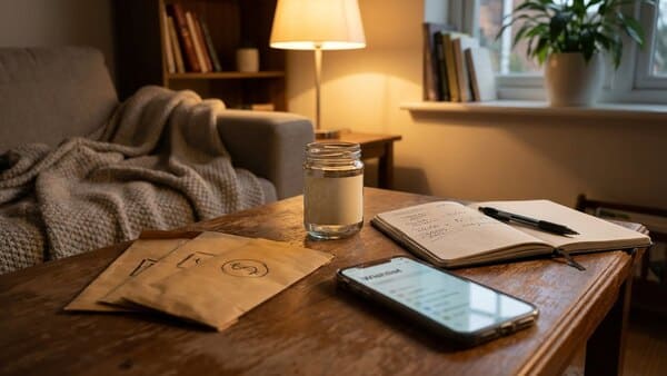 Umschläge für Budget, Notizbuch und Smartphone auf einem Tisch bei warmem Licht.