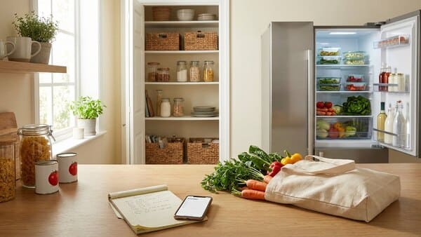 Einkaufszettel und wiederverwendbare Tasche auf der Küchenarbeitsfläche, im Hintergrund geöffneter Kühlschrank.