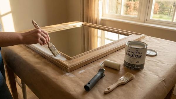 Spiegelrahmen wird mit Kreidefarbe gestrichen, Pinsel und Farbrolle liegen daneben.