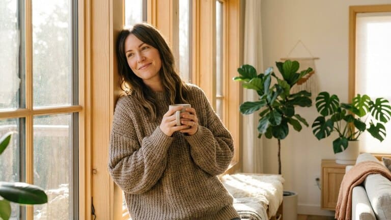 Eine junge Frau genießt lächelnd einen Moment der Ruhe mit einer Tasse Tee an einem sonnigen Fenster.