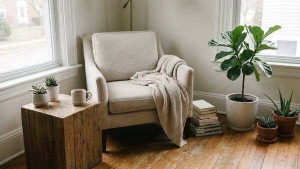 Ruhige Wohnraumszene als Symbol für Stressabbau