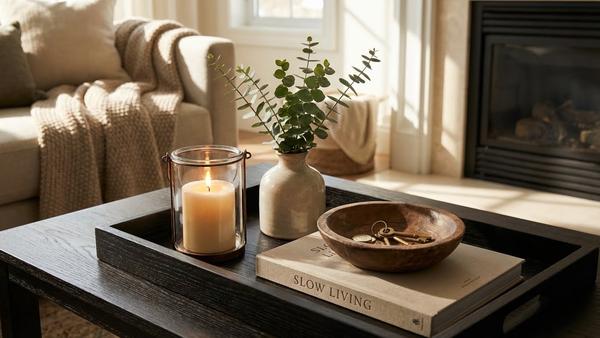 Dekoratives Tablett auf dem Couchtisch mit Kerze im Glas, Vase und kleiner Schale.