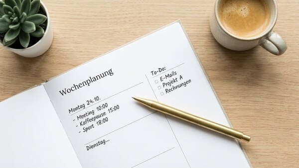 Ein schöner, aufgeschlagener Papier-Planer mit einem Stift und Kaffee auf einem hellen Tisch.