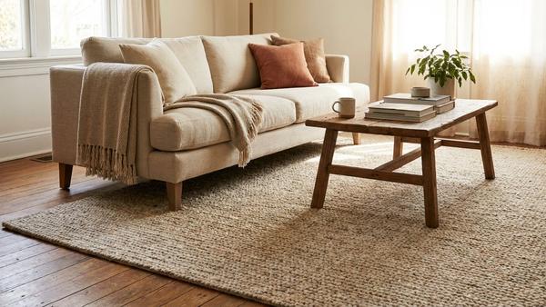 Wohnzimmer mit neutralem Teppich unter Sofa und Couchtisch.