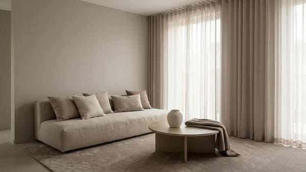 Kleiner Raum in Beige und Greige mit Ton-in-Ton Einrichtung und ruhigen Übergängen