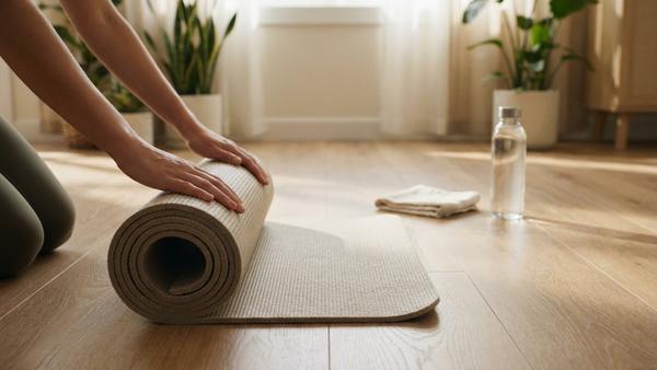 Hände rollen eine rutschfeste Trainingsmatte auf einem Holzboden im hellen Wohnraum aus.