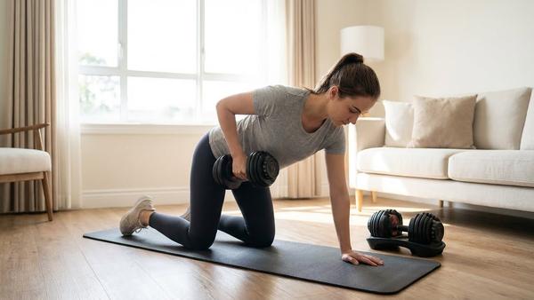 Kurzhanteltraining zuhause: Person macht einarmiges Rudern