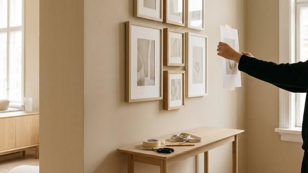 Wandgalerie mit Rahmen und Papier-Schablonen, die mit Malerkrepp an der Wand befestigt werden.