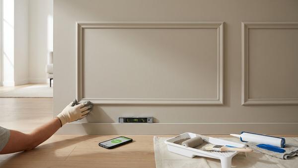 Hand drückt selbstklebende Zierleiste an eine Wand, daneben Wasserwaage, Handy-Wasserwaage und Malerrolle für einen sauberen Wandpanel-Look.