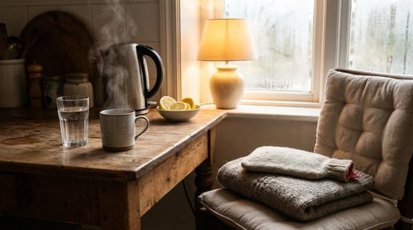 Tee, Wasser und Wasserkocher mit Wärmflasche in einer gemütlichen Wintermorgen-Szene