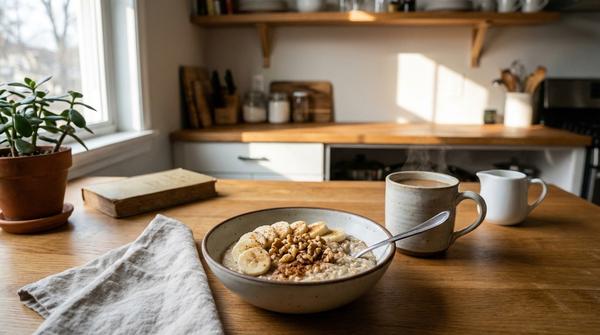 Schüssel Porridge mit Banane und Nüssen auf einem Küchentisch am Morgen