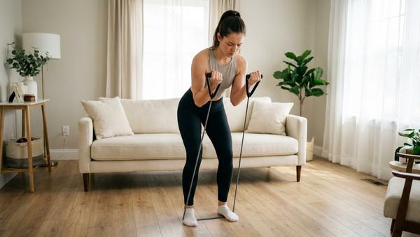 Person trainiert zuhause mit Widerstandsbändern und macht eine Ruderbewegung im Stand.