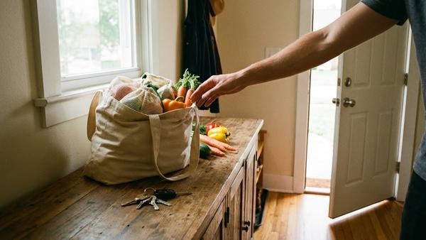 Du siehst wiederverwendbare Obst- und Gemüsenetze in einer Einkaufstasche neben Schlüssel und Haustür.