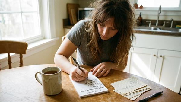 Du siehst eine Person, die einen einfachen Wochenplan mit ein paar Abendessen notiert.
