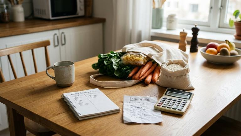 Du siehst einen Küchentisch mit Einkaufszettel, Wochenplan, Taschenrechner und Einkaufstasche mit Basics.