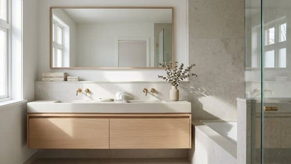 Zeitloses Badezimmer mit neutraler Farbpalette, klassischen Formen und ruhiger, eleganter Optik