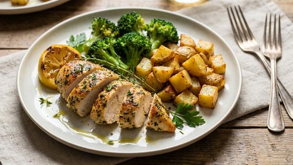 Teller mit Zitronen-Kräuter-Hähnchen, gerösteten Kartoffelwürfeln und Brokkoli, frisch garniert mit Zitrone und Kräutern.