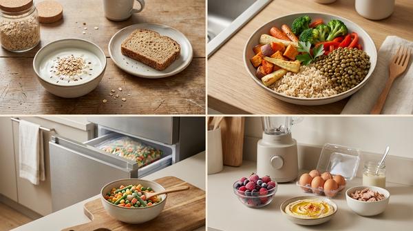 Vierer-Collage im 2x2 Raster bei warmem Tageslicht: Frühstück mit Joghurt, Haferflocken und Vollkornbrot; Bowl-Mahlzeit aus Getreide, Gemüse und Protein; Tiefkühlgemüse aus sichtbarer Gefrierschublade mit Portion in einer Schüssel; Smoothie-Setup mit gefrorenen Beeren, Mixer im Hintergrund und Notfall-Proteinzone mit Eiern und Hummus oder Linsen sowie einer neutral angerichteten Thunfisch-Option ohne Dose.