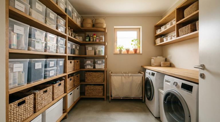 Aufgeräumter Hauswirtschaftsraum mit Regalen, Boxen und Wäschesortierer in hellem Tageslicht.
