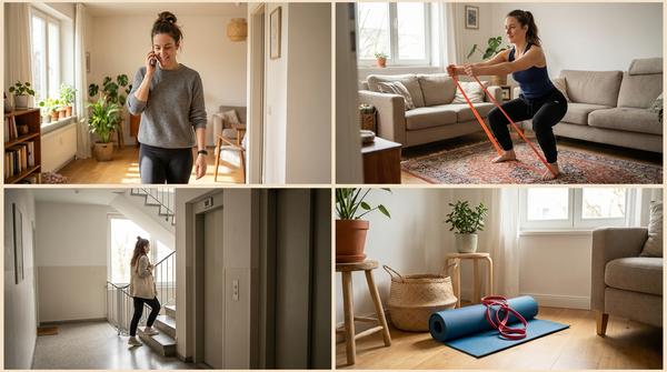 Vierer-Collage im 2x2 Raster mit derselben erwachsenen, feminin wirkenden Person: zu Hause gehend und telefonierend mit Fitnessuhr ohne lesbares Display, Mini-Workout mit Widerstandsband, am Aufzug vorbei Richtung Treppe und bereits die ersten Stufen hinauf, sowie eine vorbereitete Bewegungsecke mit Yogamatte und Widerstandsbändern im warmen Tageslicht.