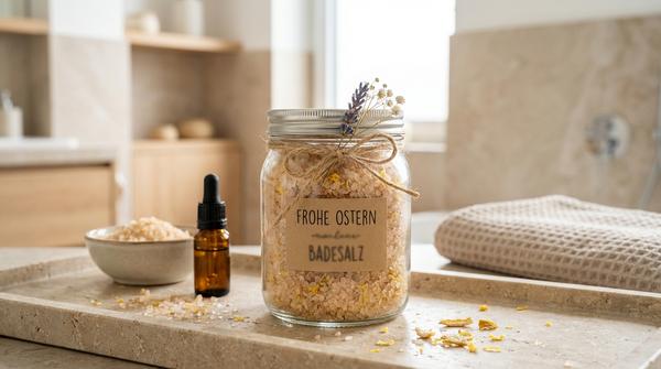 Kleines Glas mit Badesalz und getrockneten Blüten, dekoriert mit Juteband und schlichtem Etikett.