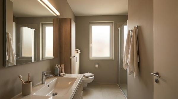 Weitwinkelbild eines Badezimmers mit sichtbaren, ordentlich platzierten Alltagsgegenständen und praktischer Aufbewahrung.