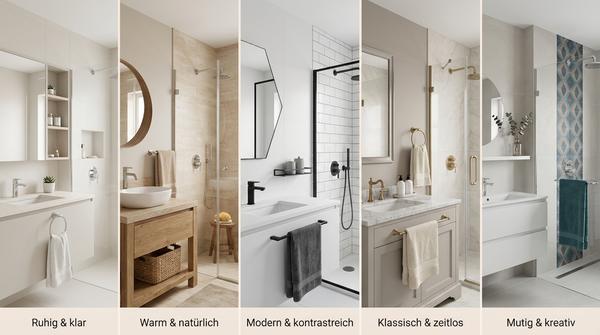 Weitwinkelansicht eines Badezimmers mit hellen Fliesen, Holzwaschtisch, matten Armaturen und textilen Akzenten.