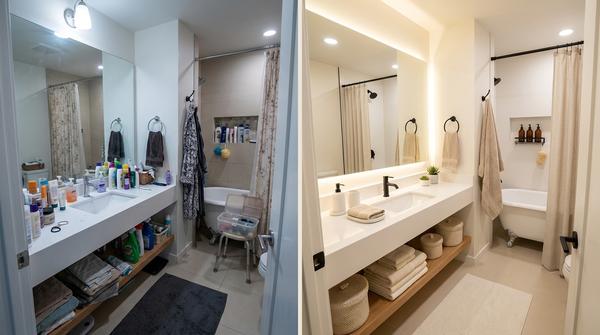 Weitwinkelansicht eines Badezimmers, das zeigt, wie sichtbare Unordnung einen sonst ruhigen Stil schnell unruhig wirken lässt.