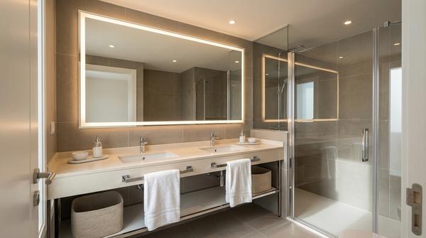 Weitwinkelbild eines klassisch eleganten Badezimmers mit neutralen Farben, symmetrischen Details und hochwertigen Oberflächen.